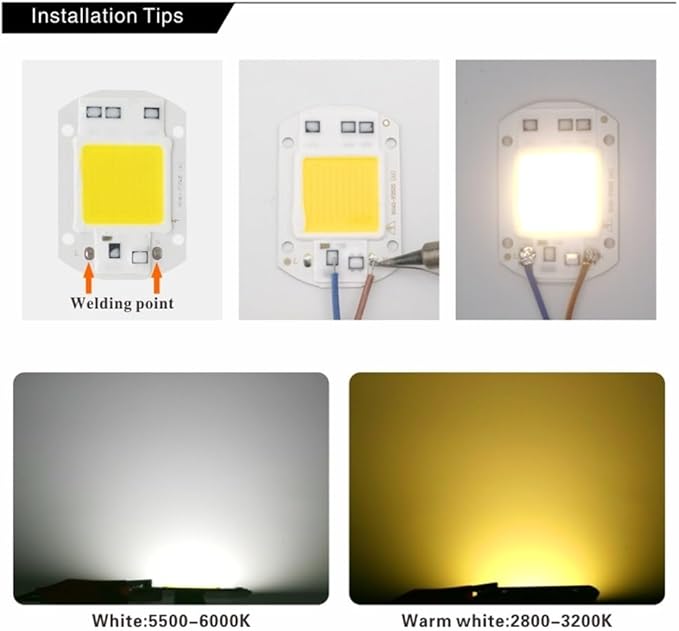 Jiaxu Lighting, Pack of 6, LED COB Chip Lamp AC110V Smart IC No Need Driver Led Floodlight 10W/20W/30W/50W/70W/100W/150W DIY Chip Lighting Household Bulbs(Warm White,Long chip 70W)