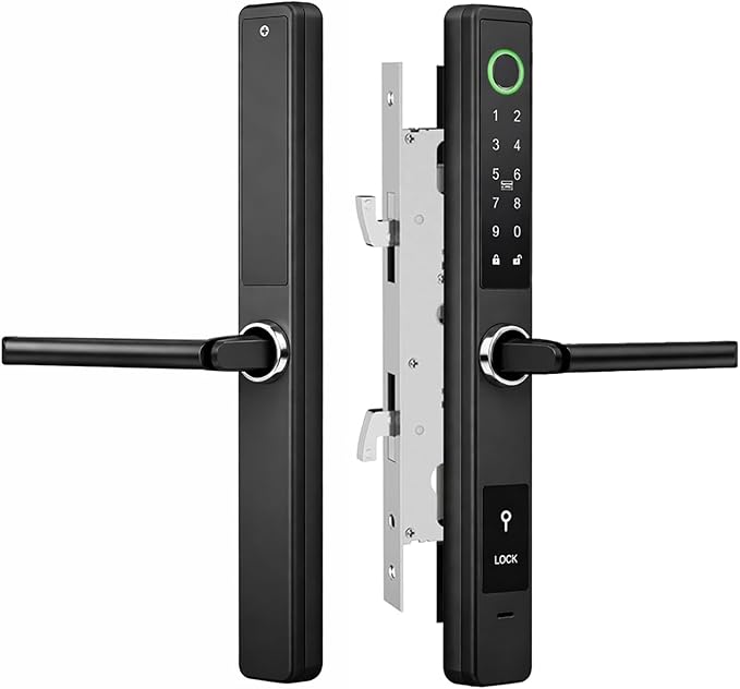Smart Door Lock with Handle - Keyless Entry Fingerprint & Touchscreen Keypad - App Control, Alexa & Google Home Compatible - Waterproof Sliding Door Patio, Wood, Aluminum Slim Door - DIY Black