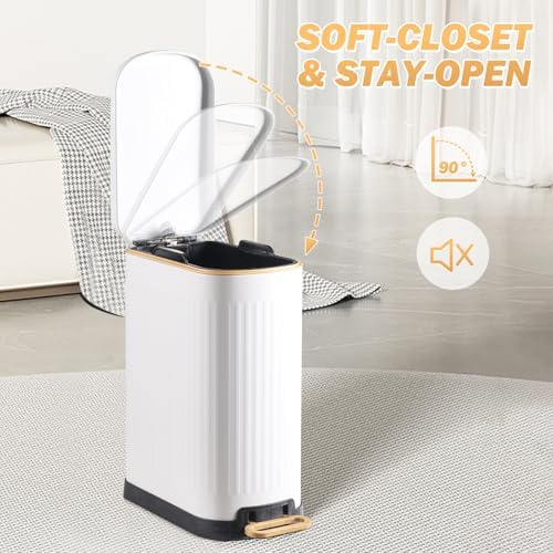 SYNCVIBE Slim Bathroom Trash Can with Soft Close Lid, 3.5 Gal, Matt White
