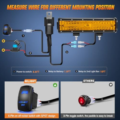Nilight Led Light Bar 12 Inch Amber 300W Spot Flood Combo Waterproof Triple Rows Off Road Fog Light with 5Pin Rocker Switch Wiring Harness Kit-1 Lead