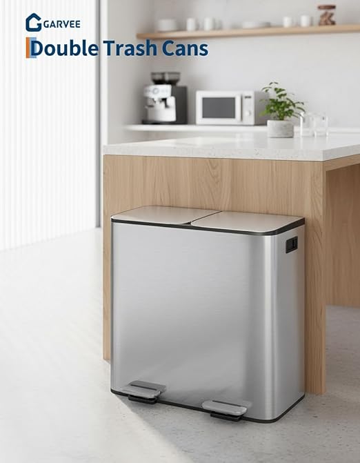 GarveeHome 2 x 8 gal Stainless Steel Double Trash Can with Lid for Kitchen, Large Dual Trash and Recycle Bin Combo, Step-on Kitchen Metal Garbage Cans, PP Inner Buckets, Liner Rim