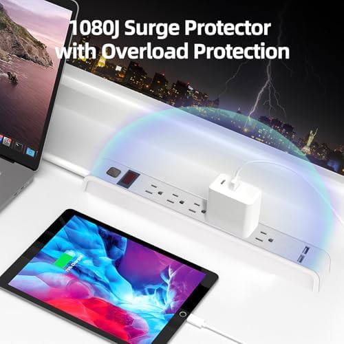 TiFFCOFiO Power Strip Surge Protector with 6 Outlets & 2 USB Ports, 14 AWG