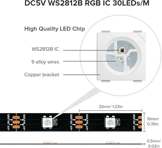 SEZO WS2812B ECO LED Strip Light 16.4FT/5M 30LEDs/m 150Pixels Individually Addressable Programmable 5050SMD Digital RGB Alloy Wires Flexible Dream Color IP30 Non-Waterproof PCB Black DC5V