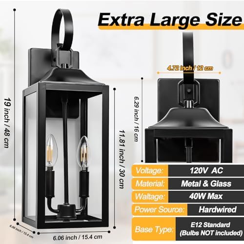 19" Large Black Outdoor Wall Lights, Waterproof Exterior Lighting Fixtures