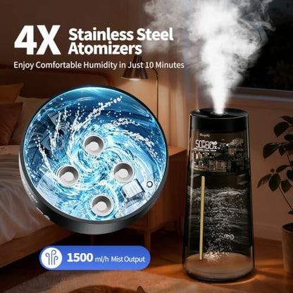 Home Humidifier for Large Room-6.3Gal/24L Cool Mist, 3000ft²,Black
