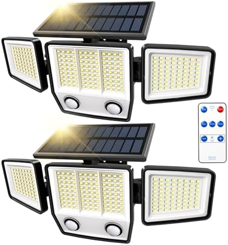 MDCMDCM Solar Motion Sensor Outdoor Lights Waterproof - 3000LM 3 Modes Security Lights Outdoor 270° Illumination IP65 LED Solar Flood Wall Light for Garden Yard Patio Pathway (with ‎Remote Control,2)