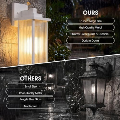 15-Inch Dusk to Dawn Outdoor Wall Light, White Porch Light All-Metal