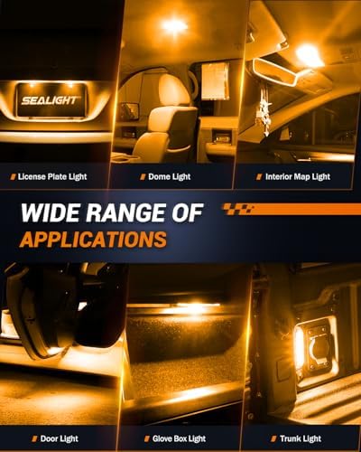 SEALIGHT 194 LED Bulb 2000K Amber 168 T10 2825 W5W 600% Brightness Wedge Interior Car Bulbs Replacement for License Plate Lights Dome Map Door Courtesy Trunk Parking, 10 PCS
