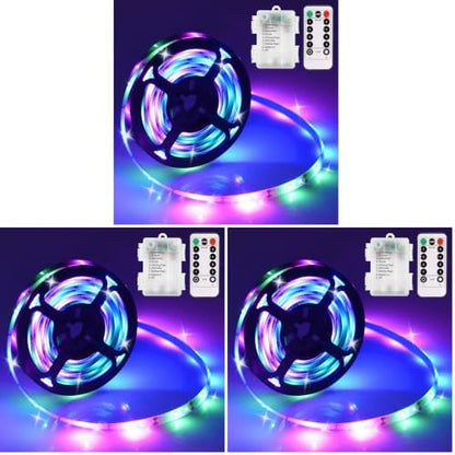 echosari 9.8FT 90Led RGB Strip Lights Battery Powered Remote Control, 8 Modes, Dimmable, Timer, Self-Adhesive, Cuttable, Waterproof, for TV Computer Monitor/Screen Decor (Pack of 3)