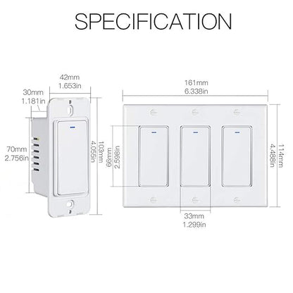 MoesGo WiFi Wall Push Button Smart Light Switch,Multi-Control, 2.4GHz WiFi Light Switches, Neutral Wire Required,Remote Control Smart Life/Tuya, Work with Alexa,Google Home White 3 Gang