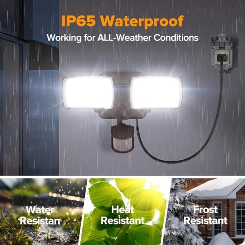 LUTEC 21W Plug in Motion Sensor Light Outdoor, Flood Lights Outdoor Motion Sensor,2500LM, 5000K Daylight,IP65 Waterproof,Adjustable 2 Heads Wall Light for Garage, Porch, Yard - Brown
