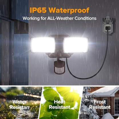 LUTEC 21W 2 Pack Plug in Motion Sensor Light Outdoor, Flood Lights Outdoor Motion Sensor,2500LM, 5000K Daylight,IP65 Waterproof,Adjustable 2 Heads Wall Light for Garage, Porch, Yard - Brown