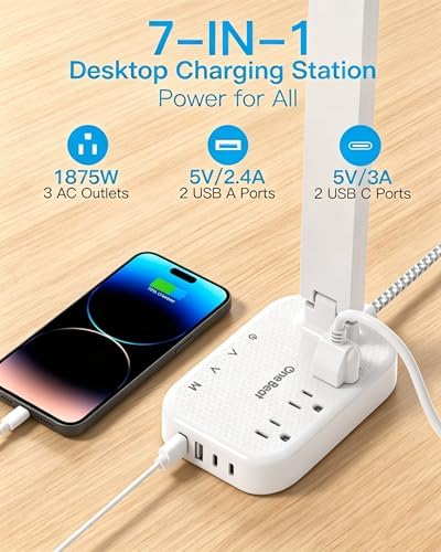 LED Desk Lamp, 10Ft Power Strip with 3 Outlets 4 USB Ports(2 USB C), White