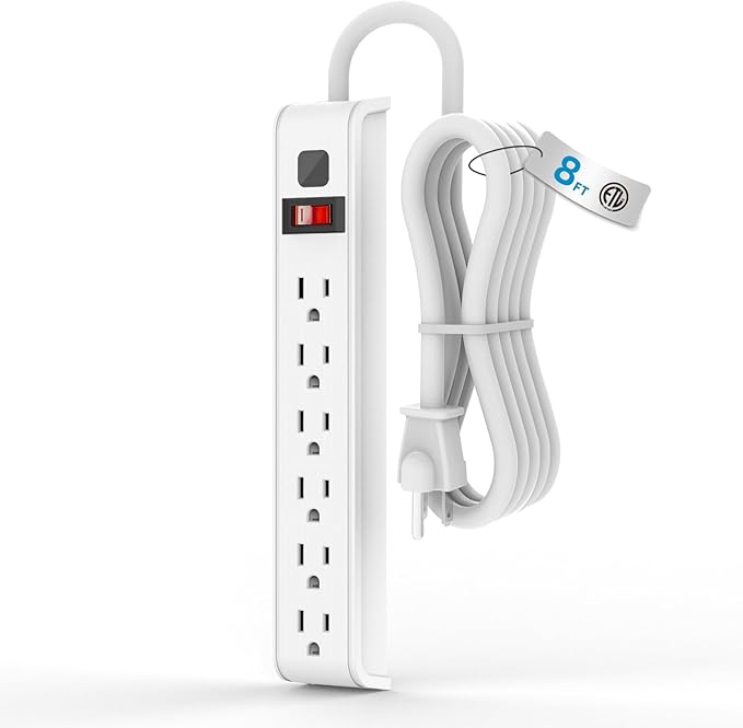 TiFFCOFiO Surge Protector Power Strip, 8 Feet Extension Cord, 600 Joules Surge Protection, Multiple Protection 6 Outlet Strip, 14 AWG Cord, 15A/1875W, ETL Listed