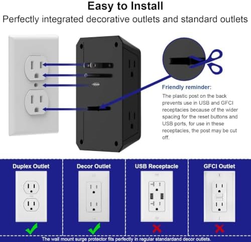 Multi Plug Wall Outlet Surge Protector with 6-Outlet & 4 USB Ports(2USB-C)