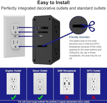 Multi Plug Wall Outlet Surge Protector with 6-Outlet & 4 USB Ports(2USB-C)