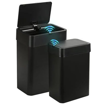 SYNCVIBE 2 Pack Bathroom Trash Can with Lid - 2.5 Gal and 4 Gal Motion Sensor Garbage Bin, Smart Rubbish Bin, Waterproof Slim Dustbin, Automatic Plastic Trash Can for Bathroom, Office, Black
