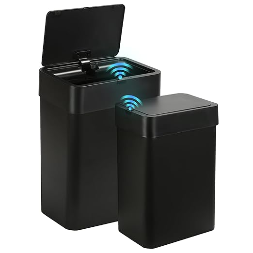SYNCVIBE 2 Pack Bathroom Trash Can with Lid - 2.5 Gal and 4 Gal Motion Sensor Garbage Bin, Smart Rubbish Bin, Waterproof Slim Dustbin, Automatic Plastic Trash Can for Bathroom, Office, Black