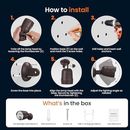 USB Rechargeable Motion Sensor Light Outdoor, 4000mAh Built-in Battery 600 Lumen Spotlight, IP65 Waterproof Cordless Wall Light for Porch Garage House