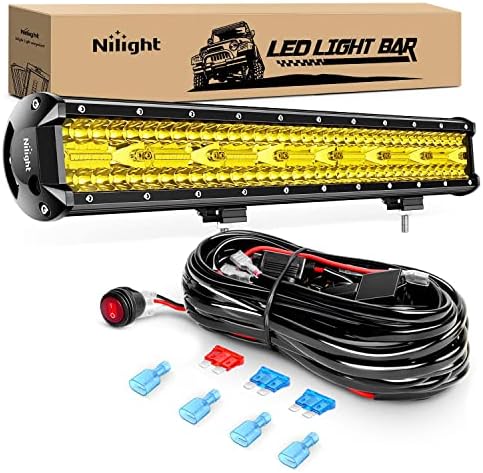 Nilight 20 Inch 420W LED Light Bar Yellow Triple Row Flood Spot Combo 42000LM Driving Boat Led Off Road Lights with 12V On/Off 5 16AWG Wiring Harness Kit, 2 Years Warranty