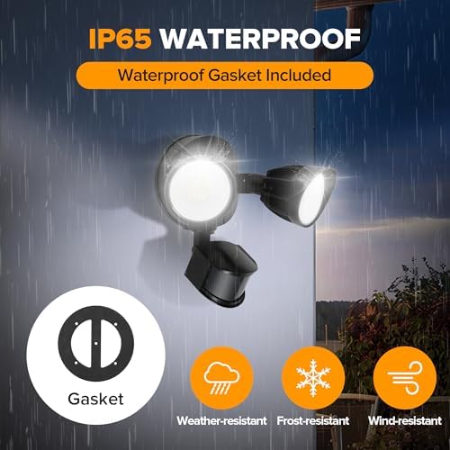 UME 2 Pack LED Security Light Motion Sensor Outdoor Lights, 27W 3500LM, 5000K, IP65 Waterproof, Dusk to Dawn, 2 Head Motion Detector Flood Light for Outside, Garage, Yard (Black)