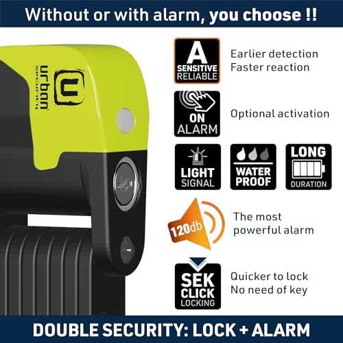 URBAN UR476Y Double Security Bike Lock | Smart Alarm, 120dB, LED Alert, Warning | Most Secure & Deterrent | Folding Locks Heavy Duty AntiTheft for Bicycle Electric Scooter, More Convenient Case, 90cm