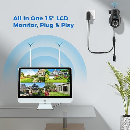 Hiseeu Wireless Security Camera System, 5MP 4 Cam-Kit, 15" LCD, 3TB HDD