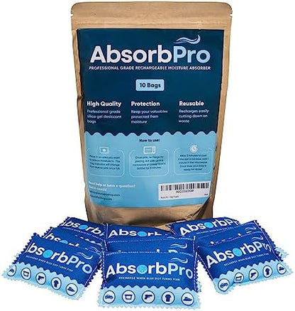 Absorb Pro Rechargeable Dehumidifier Bags 10-Pack, 100g Silica Gel