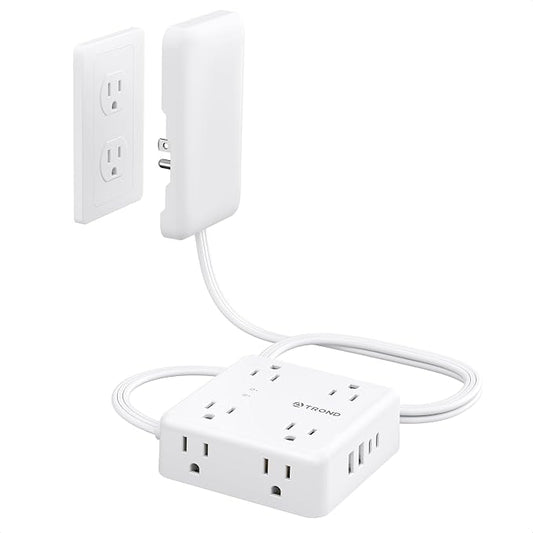 TROND Flat Outlet Cover Extender, 3FT Short Extension Cord with 8 Outlets | Ultra Thin Power Strip Cord Concealer with 4 USB Ports, 1700 Surge Protector, Idea for Home Improvement to Hide TV Messy Cord