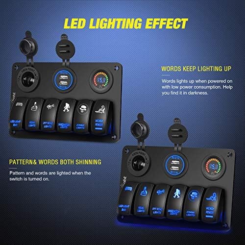 Nilight 6 Gang Rocker Switch Panel 5PIN On Off Laser Pattern Toggle | SPST 12V/20A 24V/10A Dual USB Charger Cigarette Lighter Socket with Fuse for LED Light Bar Rear Zombie Lights RV Boats 4X4 Blue