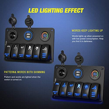 Nilight 6 Gang Rocker Switch Panel 5PIN On Off Laser Pattern Toggle | SPST 12V/20A 24V/10A Dual USB Charger Cigarette Lighter Socket with Fuse for LED Light Bar Rear Zombie Lights RV Boats 4X4 Blue