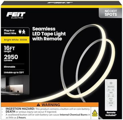 Feit Electric 16 ft LED COB Tape Light, 2950 Lumens Total, 3000K Bright White, Dimmable with Included Remote, Plug-in or Direct Wire Installation, Ultrathin Continuous Strip Lighting, TAPE192/COB/LED
