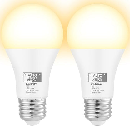 Qualilux Dusk to Dawn Light Bulbs, Auto On/Off Light Sensing LED Bulbs Outdoor, Soft White, A19 2-Pack, 12W 1000LM 75W Equivalent, HQ-H021
