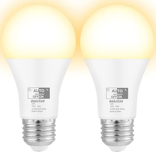 Qualilux Dusk to Dawn Light Bulbs, Auto On/Off Light Sensing LED Bulbs Outdoor, Soft White, A19 2-Pack, 12W 1000LM 75W Equivalent, HQ-H021