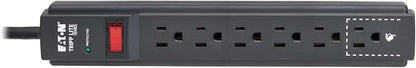 Eaton Tripp Lite Series 6-Outlet Surge Protector Power Strip, 3ft Extension Cord, 600 Joules, 15A Circuit Breaker, Black, Lifetime Manufacturer's Warranty & $10,000 Insurance (TLP63B)