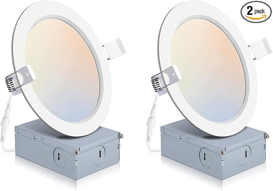 POWERASIA 2 Pack Recessed Lighting 6 Inch with Junction Box, 2700K/3000K/4000K/5000K/6000K Dimmable Flush Mount Ceiling Light, 15W 1200lm Canless Recessed Lighting-ETL and Energy Star Certified