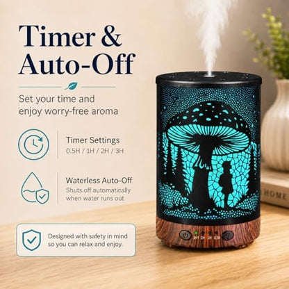 Essential Oil Diffuser 120ML Metal Aromatherapy Diffuser with Timer, Cool Mist Humidifier with Auto Shut-Off & 7 Color Lights for Home Office Spa (Mushroom Girl)