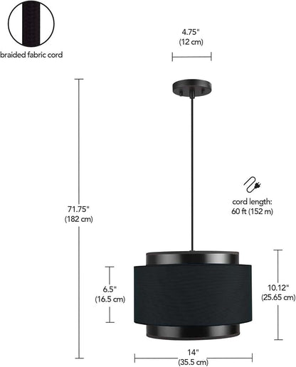 Globe Electric 61189 2-Light Pendant Light Fixture, Matte Black, Linen Outer Shade, Fabric Cord, Dining Room Fixture, Kitchen Island Lighting, Living Room Pendant Light, Hanging Lights for Bedroom