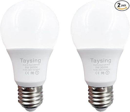 Taysing Dusk to Dawn Light Bulbs Auto On/Off 40 Watt Equivalent Smart Light Sensor LED Bulb Security Bulb Outdoor Night Light Bulb Garage Porch 5W 500lm E26 Soft White 2 Pack