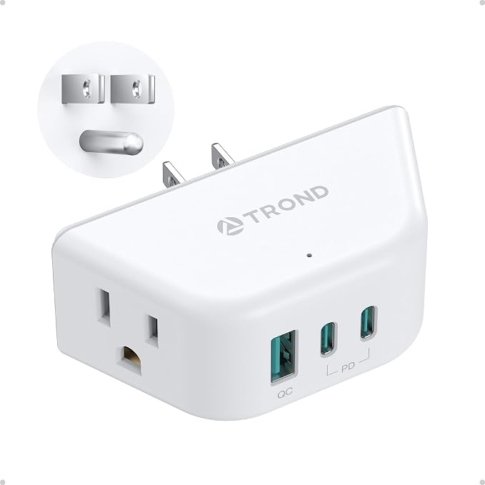 TROND Multi Plug Wall Outlet with USB C PD 20W, 2 AC Sockets | 3-Side Design Wall Outlet Extender, for Home Office Cruise Travel Essentials, White