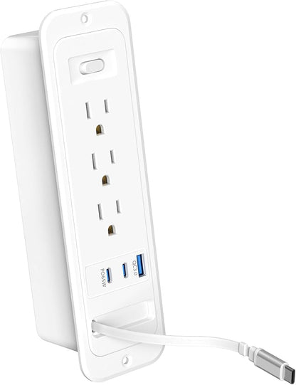 Recessed Power Strip with Retractable USB C Cable,2 PD 65W USB C Fast Charging,Flush Mount Countertop Drawer Outlet, Furniture Hidden Outlet for Side Table,End Table,3 Outlets (White, 6FT-65W)
