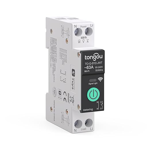 TONGOU Smart Home DIN Rail WiFi Switch, 1P+N 1‑63A, Over-Current Protection, Tuya/Smart Life Remote Control, Voice Control via Alexa &Google Assistant, Energy Monitor, Timer Functions, FCC Certified