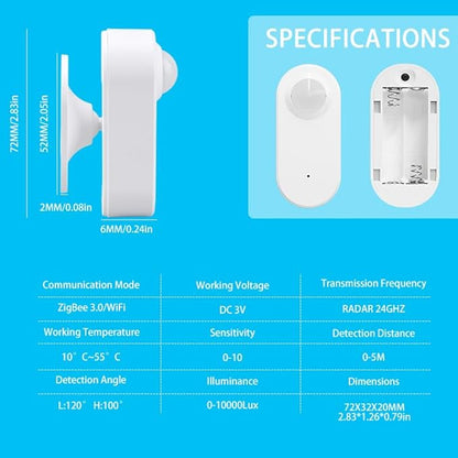 Presence Sensor Wireless, WenzhiIoT Smart Motion Sensor Zigbee 24 GHz Radar MmWave Presence Sensor Movement Body Motion Detection with Luminance/Distance Tuya Smart Life Home Assistant