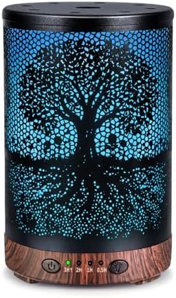 Essential Oil Diffuser 120ML Metal Aromatherapy Diffuser with Timer, Cool Mist Humidifier with Auto Shut-Off & 7 Color Lights for Home Office Spa (Life Tree)