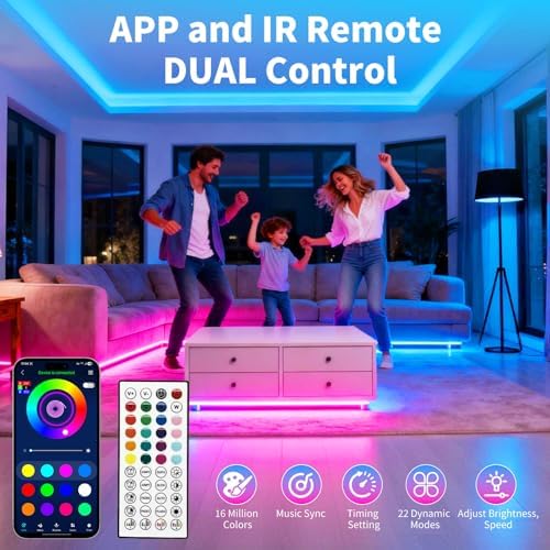 LED Strip Lights,RGB Music Sync Color Changing Led Lights with Smart App Control Remote & Remote Control,LED Lights for Bedroom,Room Essential,Sense of Atmosphere Decorations(65FT-1Roll)