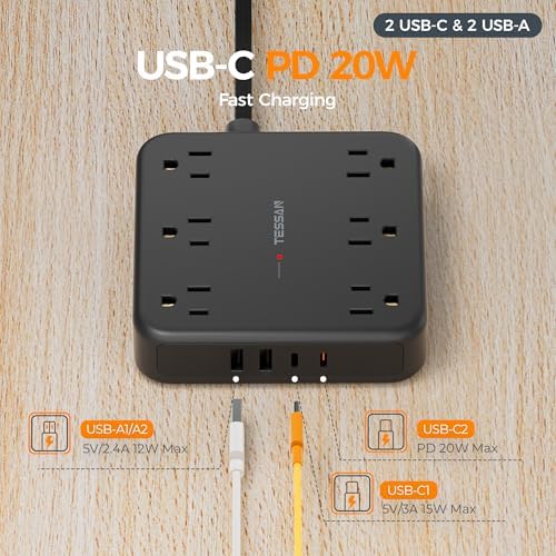 TESSAN Surge Protector Power Strip, 15Ft Flat Plug Extension Cord, Black