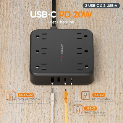 TESSAN Surge Protector Power Strip, 10Ft Flat Plug Extension Cord, Black