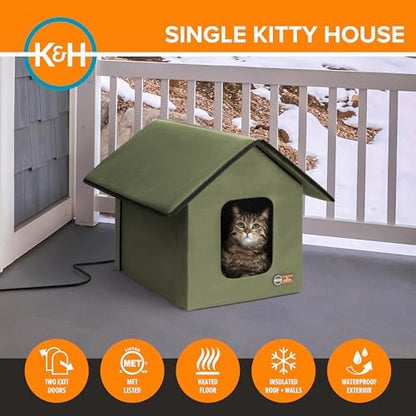 K&H Heated Cat House, Outdoor Kitty Shelter, Safety Listed, 20W, Olive