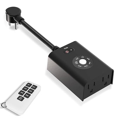 Minoston Outdoor Timer Outlet Waterproof with Remote, 2 Outlets Dusk to Dawn Plug, Light Sensor Countdown Timer 2 4 6 8 Hours 100Ft Remote Control Home Garden(MP42T)