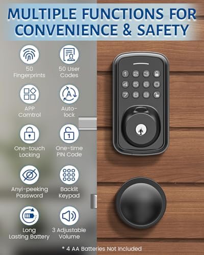 Keyless Entry Door Lock with Handle Set, Smart Door Lock with Fingerprint, 5 in 1 Unlock, Auto Lock Biometric Fingerprint Door Lock for Front Door, Easy Installation (Black)